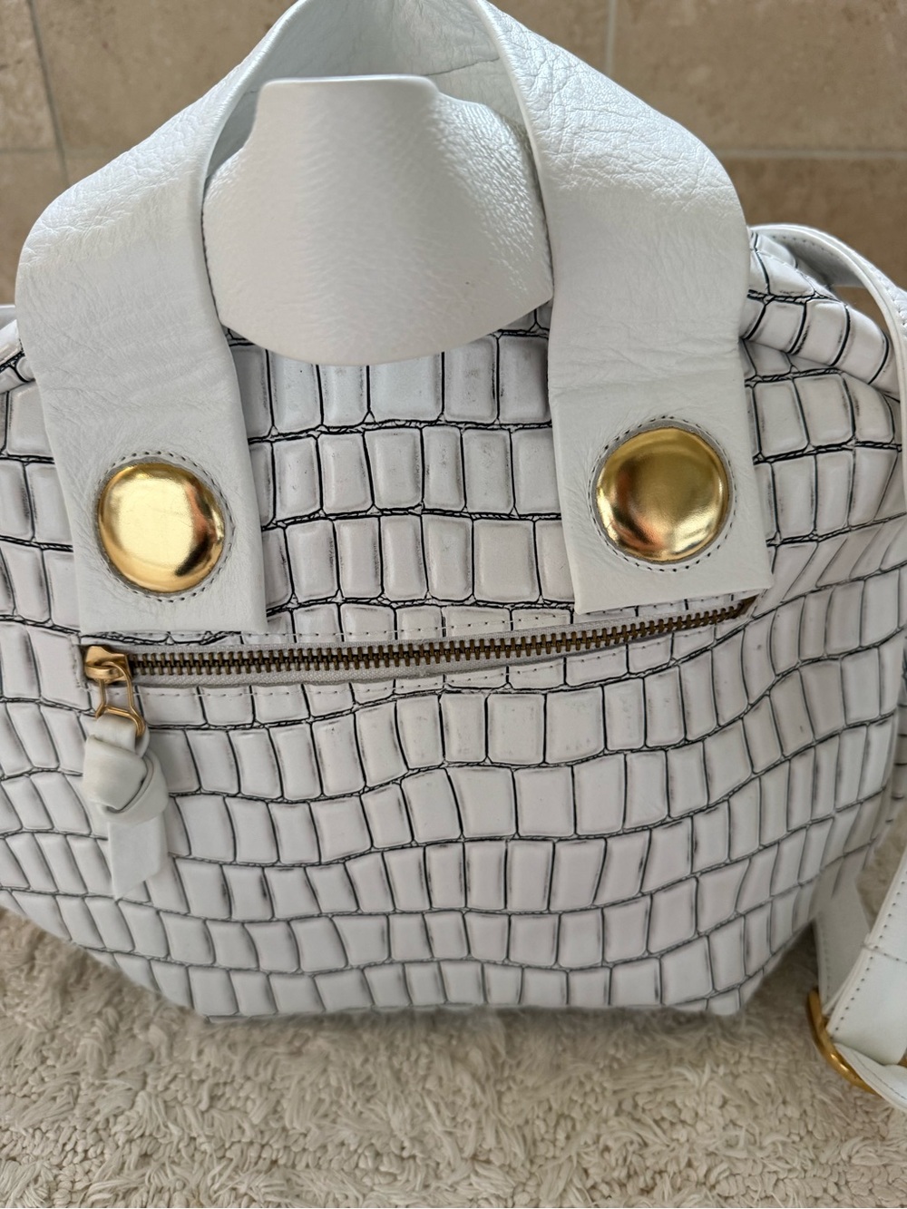 NWOT Daniella Lehavi White Croc-Embossed Dome Satchel with Gold Hardware - Picture 4 of 5